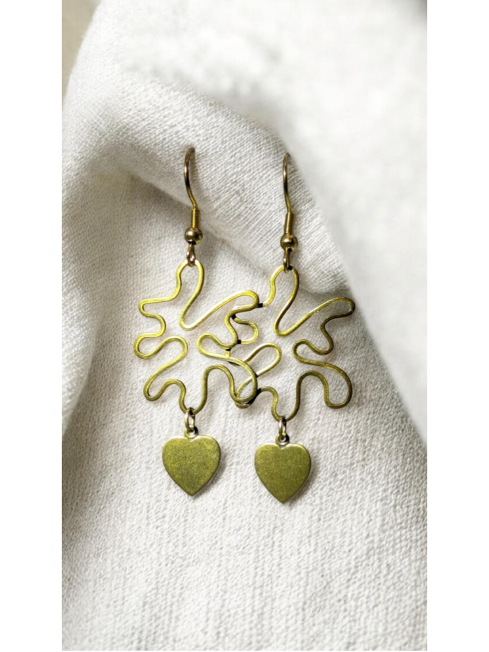 Rustic Brass Heart Earrings Abstract Dangle Gold Plated Stainless Steel Ear Hook